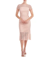 Kay Unger Flounce Hem Illusion Lace Short Sleeve Boat Neck Scalloped Midi Sheath Dress