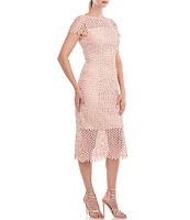 Kay Unger Flounce Hem Illusion Lace Short Sleeve Boat Neck Scalloped Midi Sheath Dress