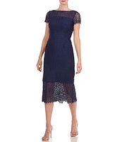 Kay Unger Flounce Hem Illusion Lace Short Sleeve Boat Neck Scalloped Midi Sheath Dress