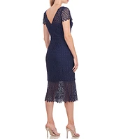 Kay Unger Flounce Hem Illusion Lace Short Sleeve Boat Neck Scalloped Midi Sheath Dress