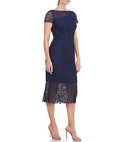 Kay Unger Flounce Hem Illusion Lace Short Sleeve Boat Neck Scalloped Midi Sheath Dress