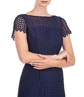 Kay Unger Flounce Hem Illusion Lace Short Sleeve Boat Neck Scalloped Midi Sheath Dress