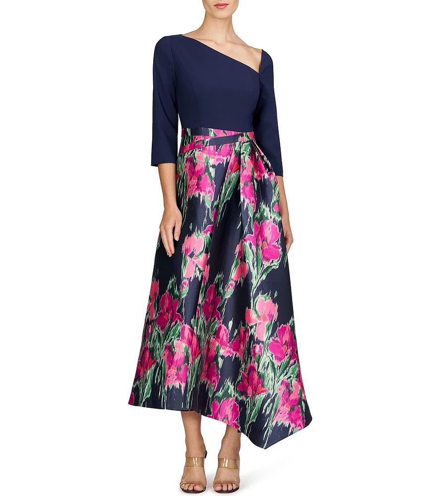 Kay Unger Giovana Asymmetrical Neck 3/4 Sleeve Mixed Media Aline Midi Dress