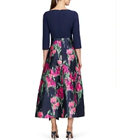 Kay Unger Giovana Asymmetrical Neck 3/4 Sleeve Mixed Media Aline Midi Dress