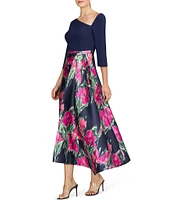 Kay Unger Giovana Asymmetrical Neck 3/4 Sleeve Mixed Media Aline Midi Dress