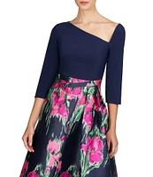 Kay Unger Giovana Asymmetrical Neck 3/4 Sleeve Mixed Media Aline Midi Dress