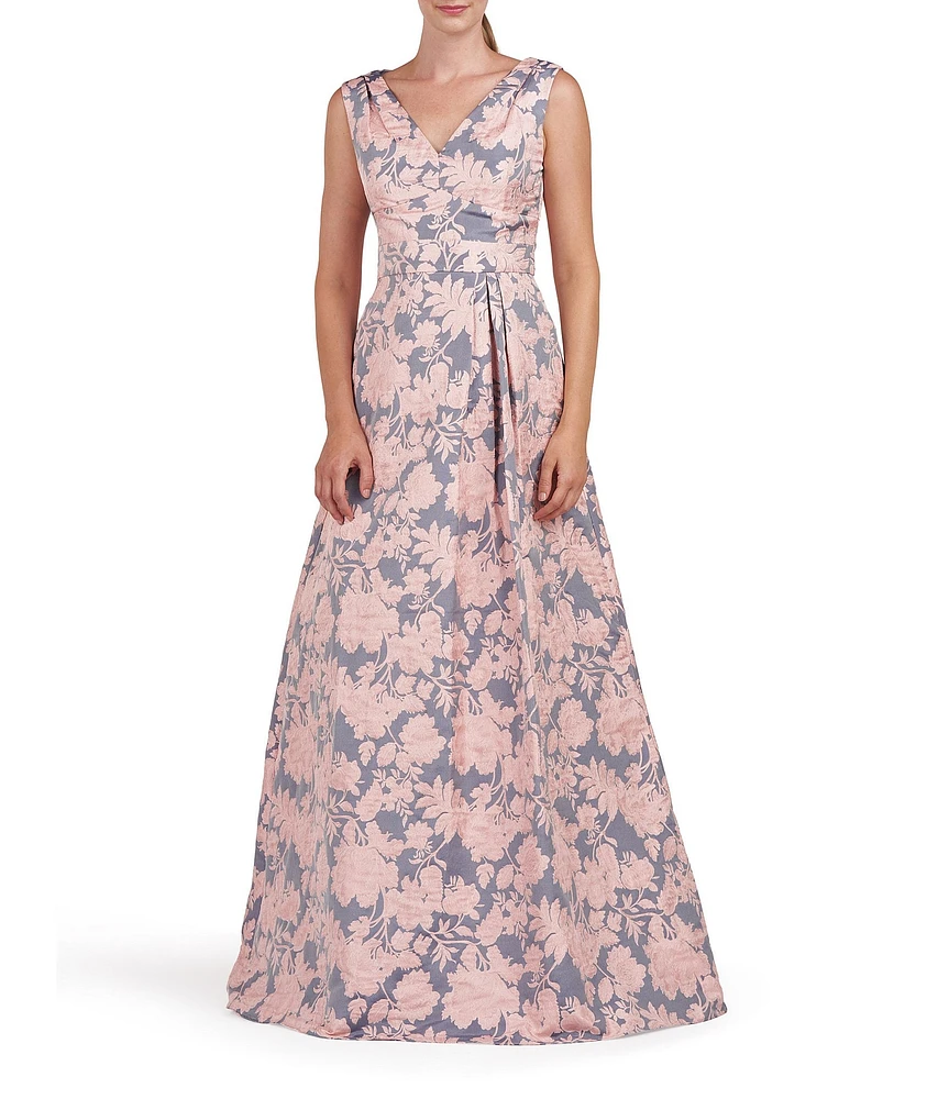 Kay Unger Glenna Floral Jacquard V-Neck Sleeveless Pleated Gown