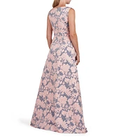 Kay Unger Glenna Floral Jacquard V-Neck Sleeveless Pleated Gown