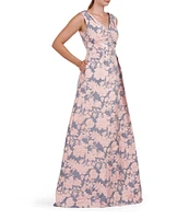 Kay Unger Glenna Floral Jacquard V-Neck Sleeveless Pleated Gown