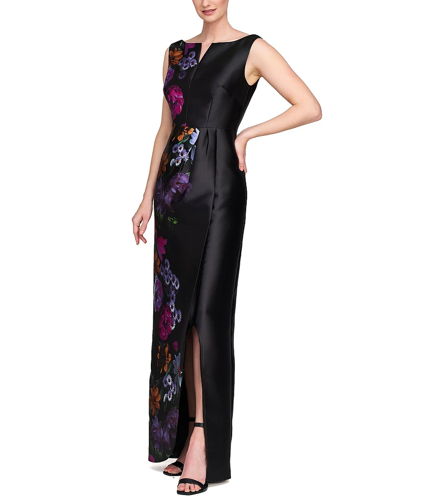 Kay Unger Helene Peony Bouquet Mikado Bateau Neck Sleeveless Asymmetrical Hem Column Gown