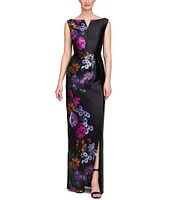 Kay Unger Helene Peony Bouquet Mikado Bateau Neck Sleeveless Asymmetrical Hem Column Gown