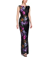 Kay Unger Helene Peony Bouquet Mikado Bateau Neck Sleeveless Asymmetrical Hem Column Gown