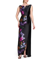 Kay Unger Helene Peony Bouquet Mikado Bateau Neck Sleeveless Asymmetrical Hem Column Gown