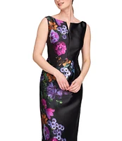 Kay Unger Helene Peony Bouquet Mikado Bateau Neck Sleeveless Asymmetrical Hem Column Gown