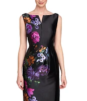 Kay Unger Helene Peony Bouquet Mikado Bateau Neck Sleeveless Asymmetrical Hem Column Gown