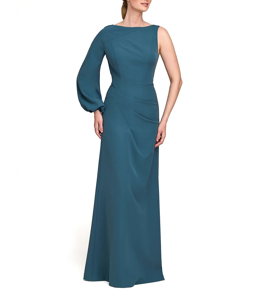 Kay Unger Iliana Stretch Crepe Bateau One Shoulder Bishop Sleeve Pleated A-Line Gown