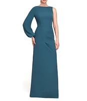 Kay Unger Iliana Stretch Crepe Bateau One Shoulder Bishop Sleeve Pleated A-Line Gown