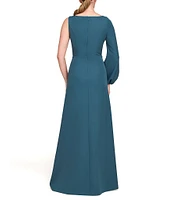 Kay Unger Iliana Stretch Crepe Bateau One Shoulder Bishop Sleeve Pleated A-Line Gown