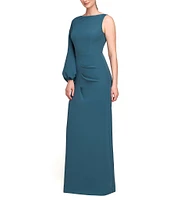 Kay Unger Iliana Stretch Crepe Bateau One Shoulder Bishop Sleeve Pleated A-Line Gown