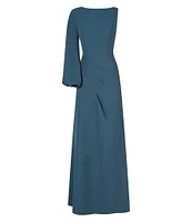 Kay Unger Iliana Stretch Crepe Bateau One Shoulder Bishop Sleeve Pleated A-Line Gown