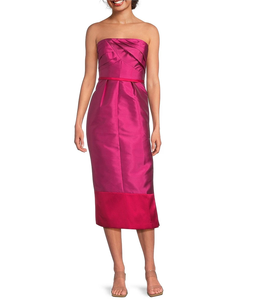 Kay Unger India Taffeta Color Block Strapless Neck Sleeveless Pleated Sheath Midi Dress