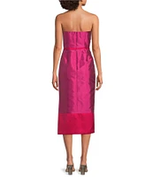 Kay Unger India Taffeta Color Block Strapless Neck Sleeveless Pleated Sheath Midi Dress