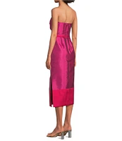 Kay Unger India Taffeta Color Block Strapless Neck Sleeveless Pleated Sheath Midi Dress