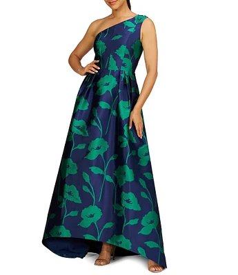 Kay Unger Jacquard Floral Print One-Shoulder Neck Sleeveless A-Line Gown