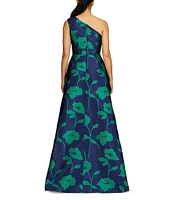 Kay Unger Jacquard Floral Print One-Shoulder Neck Sleeveless A-Line Gown