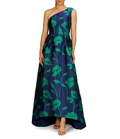 Kay Unger Jacquard Floral Print One-Shoulder Neck Sleeveless A-Line Gown