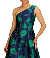 Kay Unger Jacquard Floral Print One-Shoulder Neck Sleeveless A-Line Gown