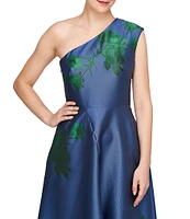 Kay Unger Jacquard One Shoulder Sleeveless Side Pocket Midi Dress