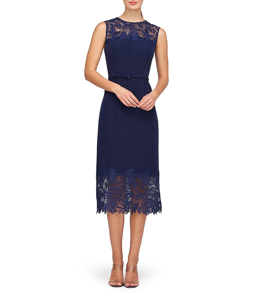 Kay Unger Lace Crew Neck Sleeveless V-Back Belted Midi Dress