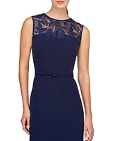 Kay Unger Lace Crew Neck Sleeveless V-Back Belted Midi Dress