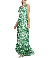Kay Unger Lace Floral Print V-Neck Sleeveless Mermaid Gown
