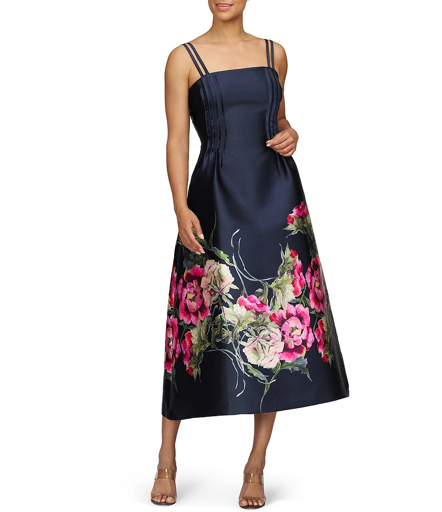 Kay Unger Margot Square Neck Double Strap Floral Placement Print Fit & Flare Mikado Midi Dress