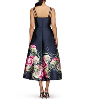 Kay Unger Margot Square Neck Double Strap Floral Placement Print Fit & Flare Mikado Midi Dress