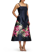 Kay Unger Margot Square Neck Double Strap Floral Placement Print Fit & Flare Mikado Midi Dress