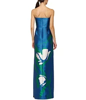 Kay Unger Marisol Mikado Strapless Large Floral Column Gown
