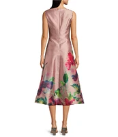 Kay Unger Marlene Metallic Organza Floral Print Split V Neck Sleeveless A-Line Midi Dress
