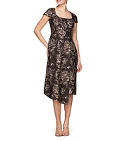 Kay Unger Metallic Rose Jacquard Scoop Neck Short Sleeve Asymmetrical Side Slit Fit & Flare Dress