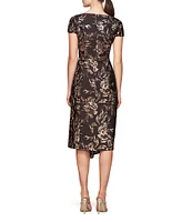 Kay Unger Metallic Rose Jacquard Scoop Neck Short Sleeve Asymmetrical Side Slit Fit & Flare Dress