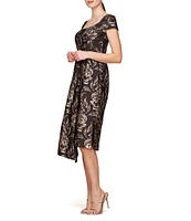 Kay Unger Metallic Rose Jacquard Scoop Neck Short Sleeve Asymmetrical Side Slit Fit & Flare Dress