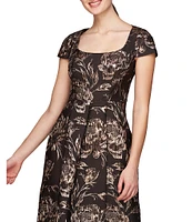 Kay Unger Metallic Rose Jacquard Scoop Neck Short Sleeve Asymmetrical Side Slit Fit & Flare Dress