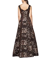 Kay Unger Metallic Rose Jacquard Square Bandeau Neck Sleeveless V-Back Ball Gown