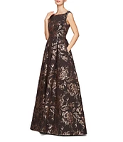 Kay Unger Metallic Rose Jacquard Square Bandeau Neck Sleeveless V-Back Ball Gown