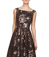 Kay Unger Metallic Rose Jacquard Square Bandeau Neck Sleeveless V-Back Ball Gown