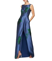 Kay Unger Michelle Floral Jacquard Boat Neckline Sleeveless Scoop Back Walkthrough Gown