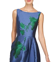 Kay Unger Michelle Floral Jacquard Boat Neckline Sleeveless Scoop Back Walkthrough Gown