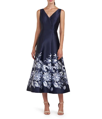 Kay Unger Mikado Floral Border Print V-Neck Sleeveless A-Line Midi Dress